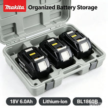 Makita BL1860B battery storage case, gray and black three-slot view