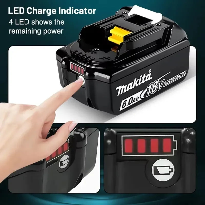 Makita BL1860B charger detail, black and yellow with LED charge indicator
