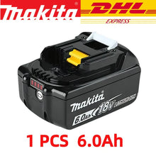 Makita BL1860B lifestyle shot, black and yellow battery with 18V power tools