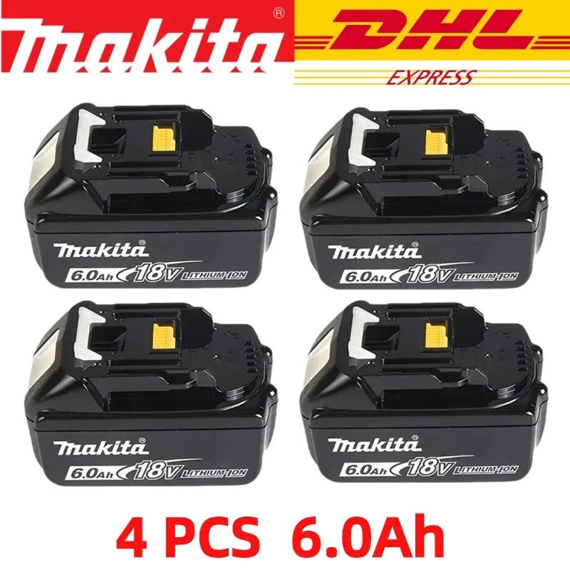 Makita BL1860B packaging, four black and yellow 6.0Ah battery packs