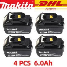 Makita BL1860B packaging, four black and yellow 6.0Ah battery packs