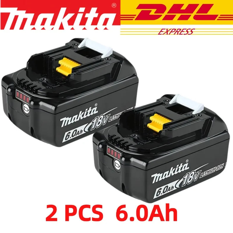 Makita BL1860B packaging, two black and yellow 6.0Ah battery packs
