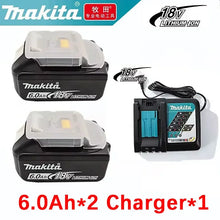 Makita 18V 6000mAh battery and 3A charger, black/blue front view