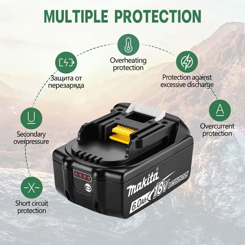 Makita battery protection features detail, black green yellow close-up