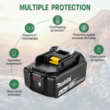 Makita battery protection features detail, black green yellow close-up