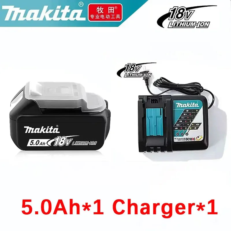 Makita battery and charger set detail, black blue with 5.0Ah battery