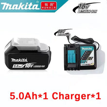 Makita battery and charger set detail, black blue with 5.0Ah battery
