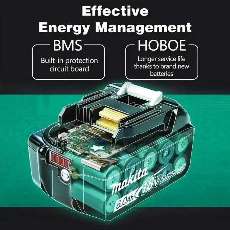 Makita battery management system detail, black yellow gray with built-in protection