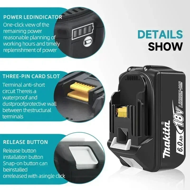 Makita charger detail, black yellow with LED indicator and charging ports