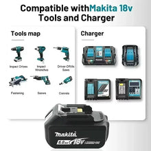 Makita battery compatibility chart detail, white and blue tool map