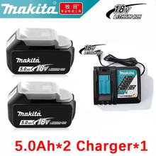 Makita LED charger front view, black blue with LED indicator