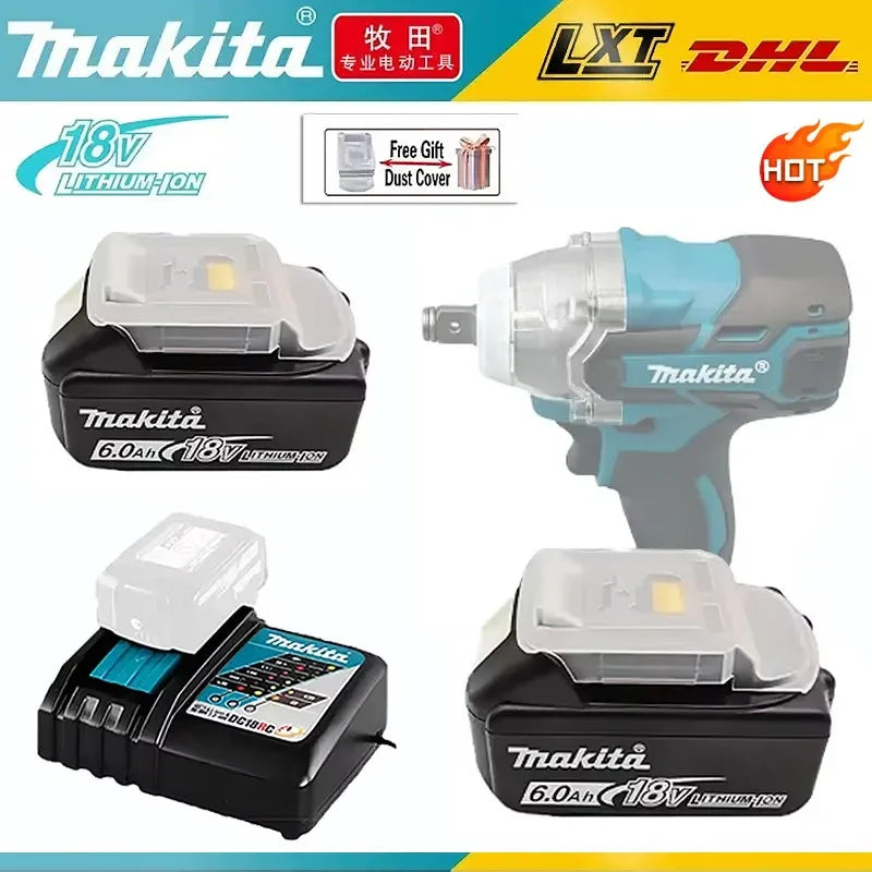 Makita battery set packaging, black gray blue with two batteries and charger