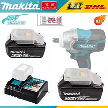 Makita battery set packaging, black gray blue with two batteries and charger