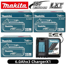 Makita 18V 6.0Ah battery and charger in blue and black packaging