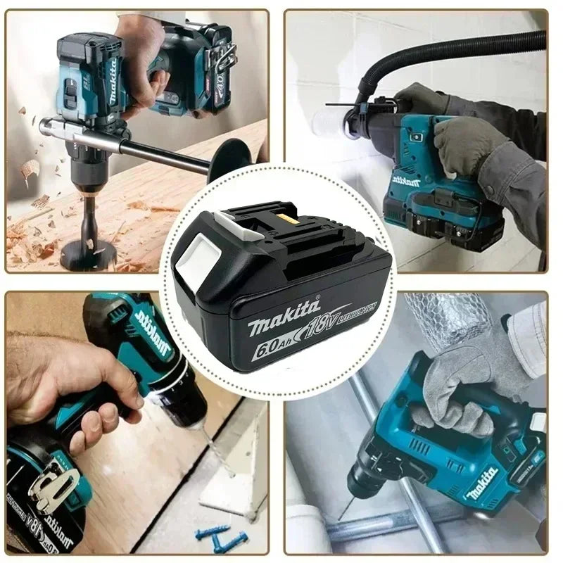 Makita 18V 6.0Ah battery lifestyle shot with tools, black and blue