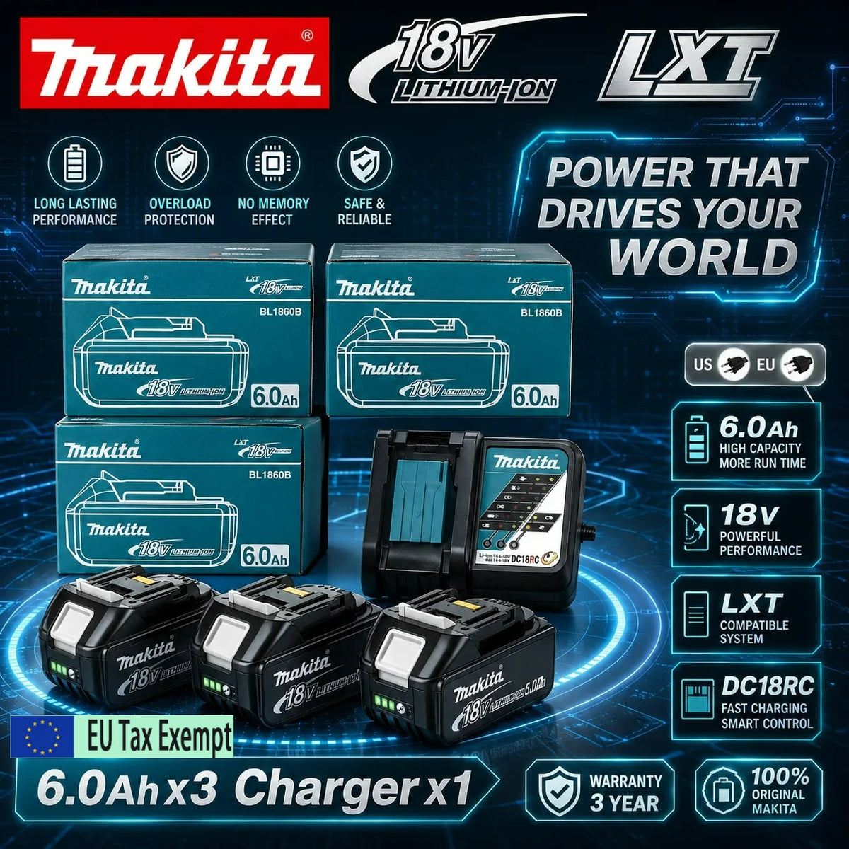 Makita 18V 6.0Ah battery set in blue packaging, multiple batteries and charger