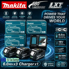 Makita 18V 6.0Ah battery set in blue packaging, multiple batteries and charger