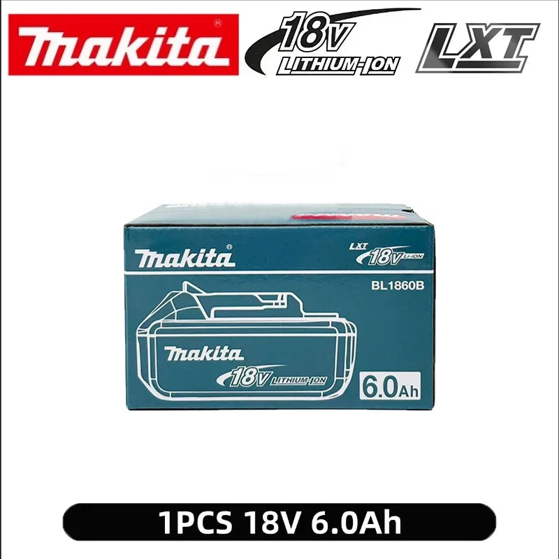 Makita 18V 6.0Ah battery packaging details in blue and white