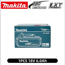 Makita 18V 6.0Ah battery packaging details in blue and white