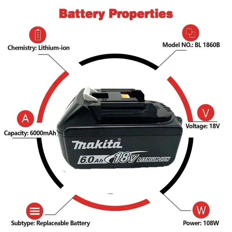 Makita 18V 6.0Ah battery properties diagram with specifications