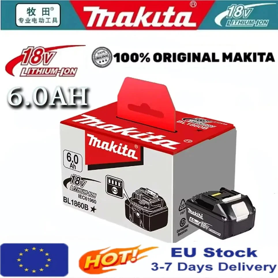 Makita battery packaging, red and black box on white background