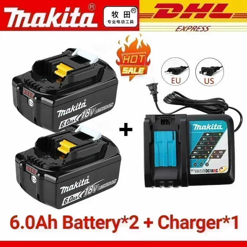 Two Makita 6.0Ah 18V batteries with charger, black and blue, front view