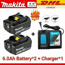 Two Makita 6.0Ah 18V batteries with charger, black and blue, front view