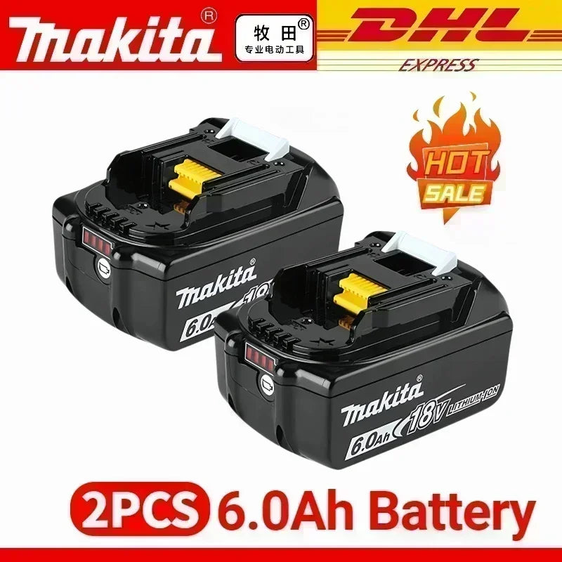 Makita 6.0Ah 18V batteries in black and yellow packaging, two-pack packaging view