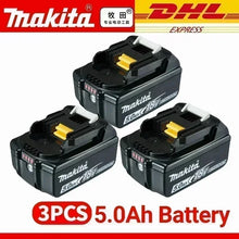 Makita 5.0Ah 18V batteries, three-pack front view in black and yellow