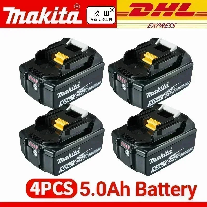 Makita battery pack with four 5.0Ah batteries, black and yellow packaging, pack view
