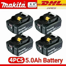 Makita battery pack with four 5.0Ah batteries, black and yellow packaging, pack view