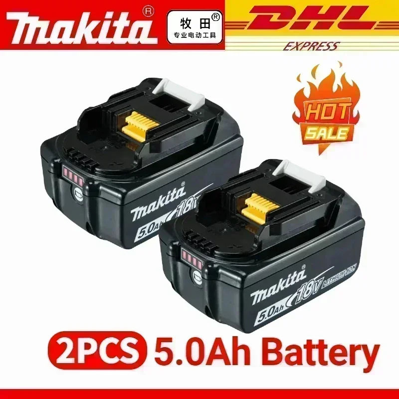 Makita 5.0Ah 18V batteries in black and yellow packaging, two-pack packaging view