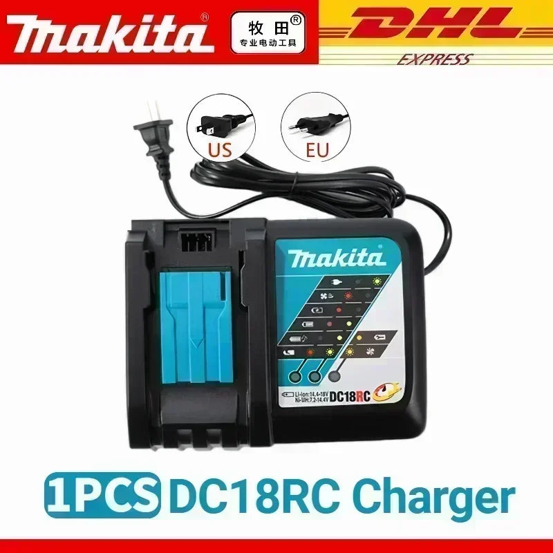 Makita 18V battery charger detail, DC18RC in black and blue