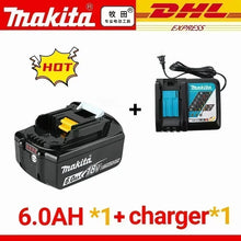 Makita 6.0Ah 18V battery with charger, black and blue, front view