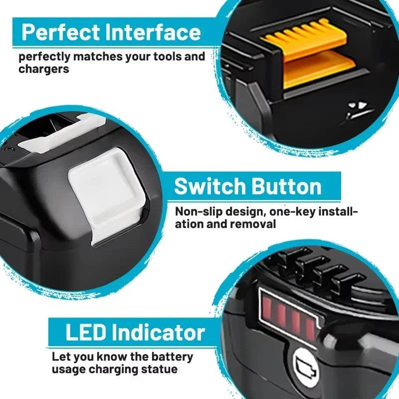 Makita 18V battery interface detail, switch button and LED indicator