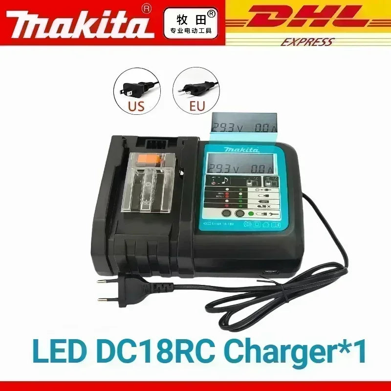 Makita 6.0Ah 18V battery packaging with LED charger, black and blue, angled view