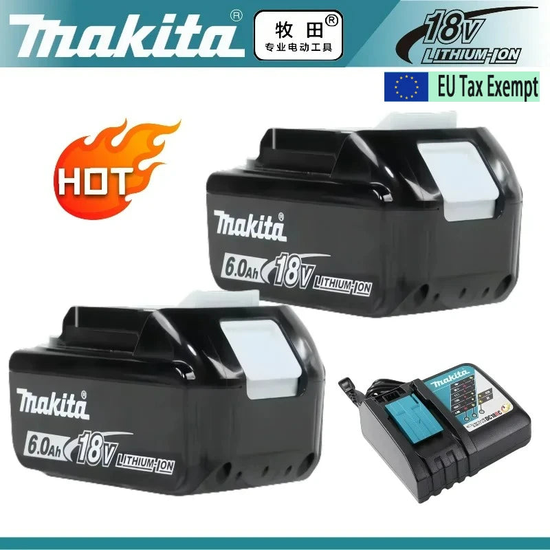 Makita 18V 6.0Ah battery packaging, black and blue set