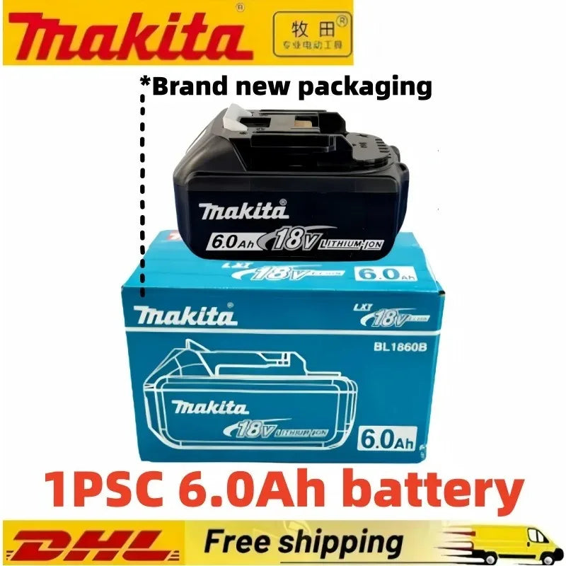 Makita 6.0Ah 18V battery packaging, black and blue, front view