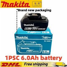 Makita 6.0Ah 18V battery packaging, black and blue, front view