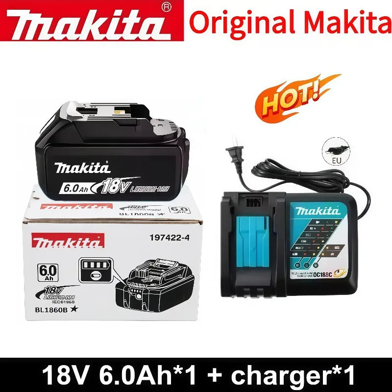 Makita 18V 6.0Ah battery and charger packaging, black and red