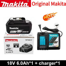 Makita 18V 6.0Ah battery and charger packaging, black and red