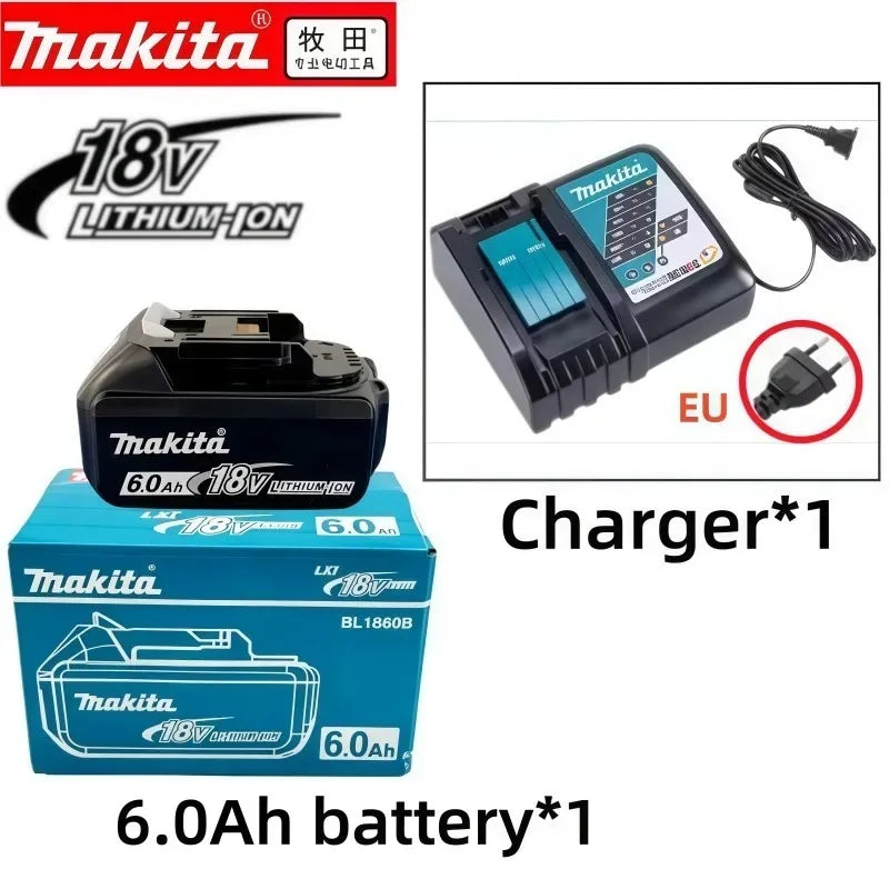 Makita 6.0Ah 18V battery and charger packaging, black and blue