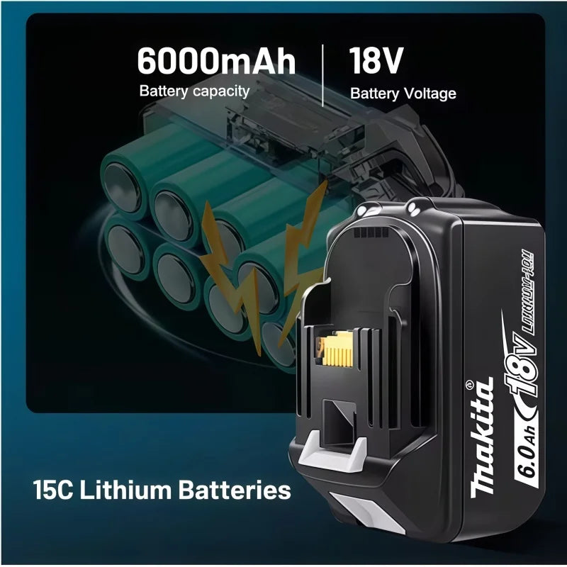 Makita 6.0Ah 18V battery close-up showing 6000mAh and 18V