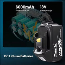 Makita 6.0Ah 18V battery close-up showing 6000mAh and 18V