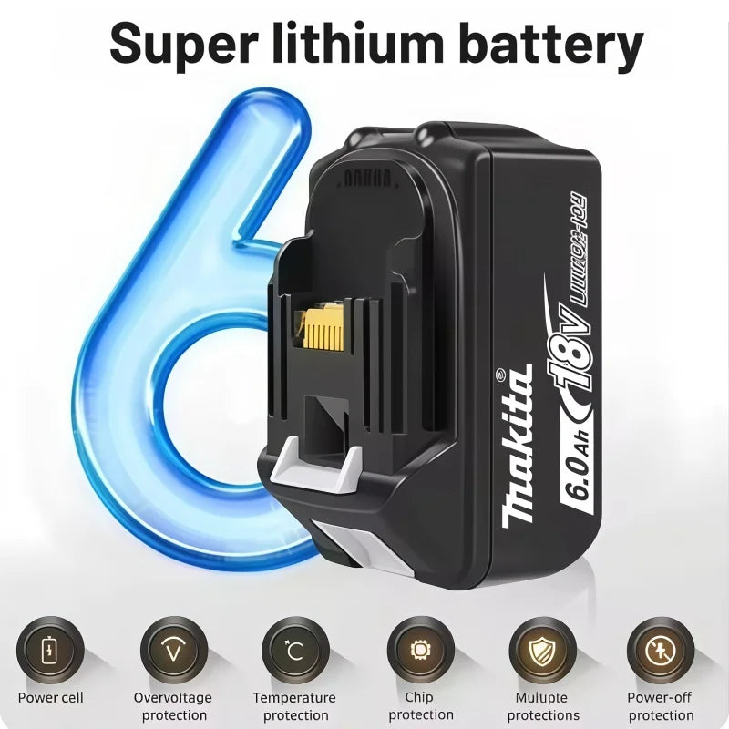Makita 6.0Ah 18V battery detail, black case with super lithium feature