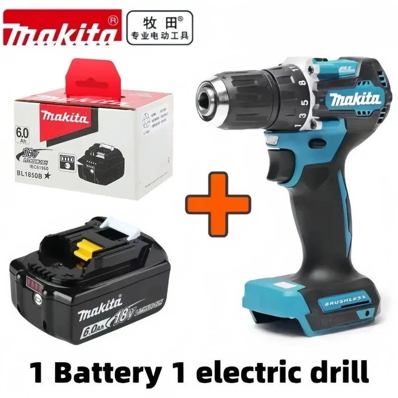 Makita 6.0Ah 18V battery with drill, black and teal lifestyle