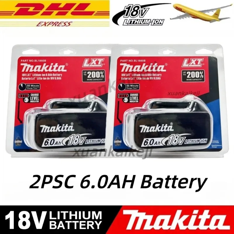 Makita 6.0Ah 18V battery packaging, black and red, front view