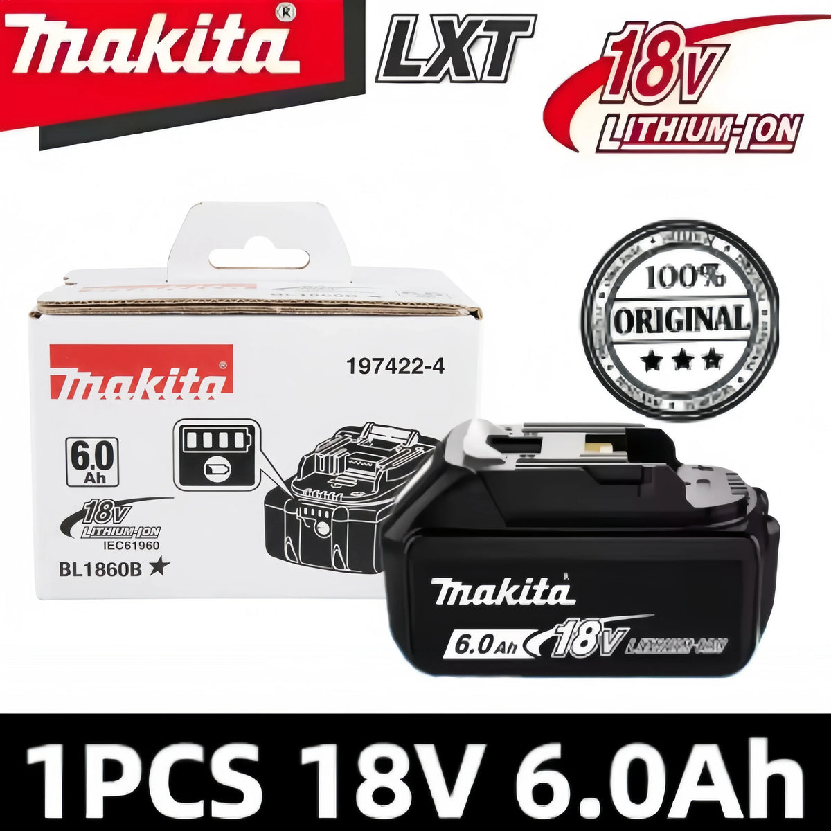 Makita 6.0Ah 18V battery packaging, black and white, front view