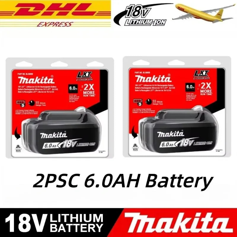 Makita 6.0Ah 18V battery packaging, black and red, front view
