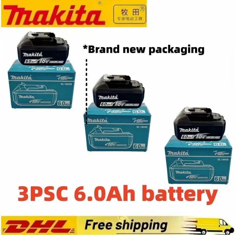 Makita 6.0Ah 18V battery packaging, black and blue, brand packaging